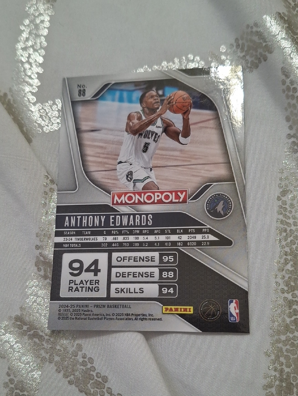 Monopoly Anthony Edwards Prizm Basketball Trading Card - Silver/White